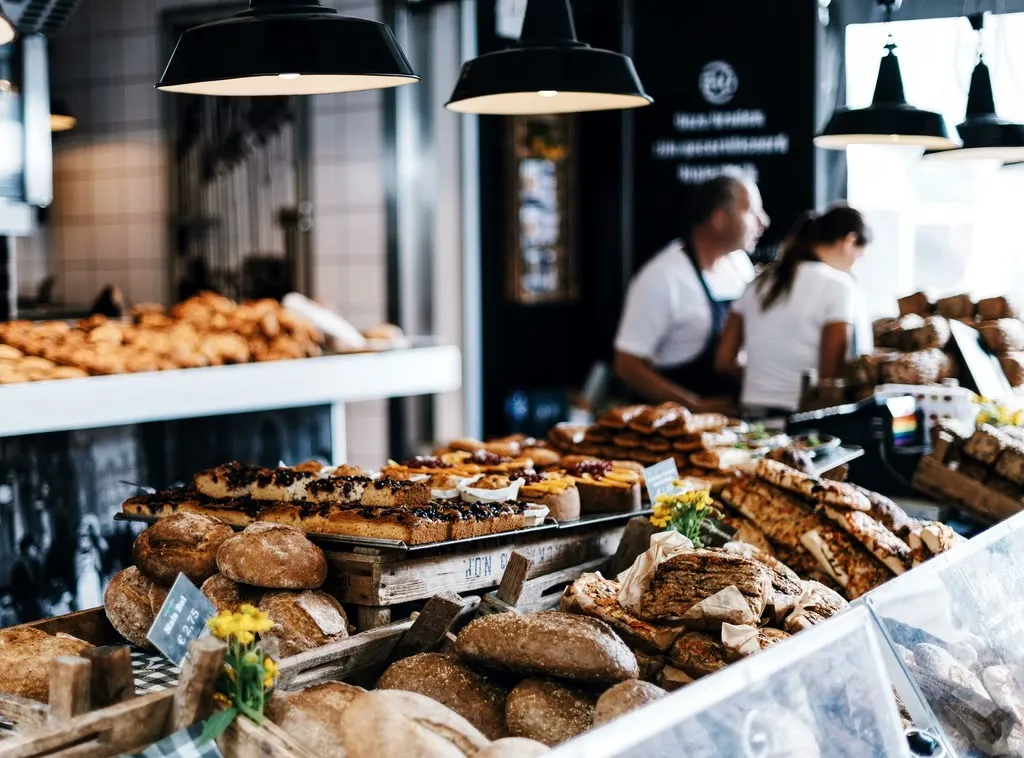 Exhibición de panes y facturas en el mostrador de una panadería
