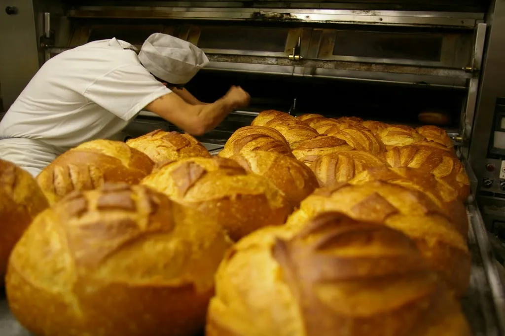 Pan artesanal recién horneado, con corteza dorada y crujiente saliendo del horno